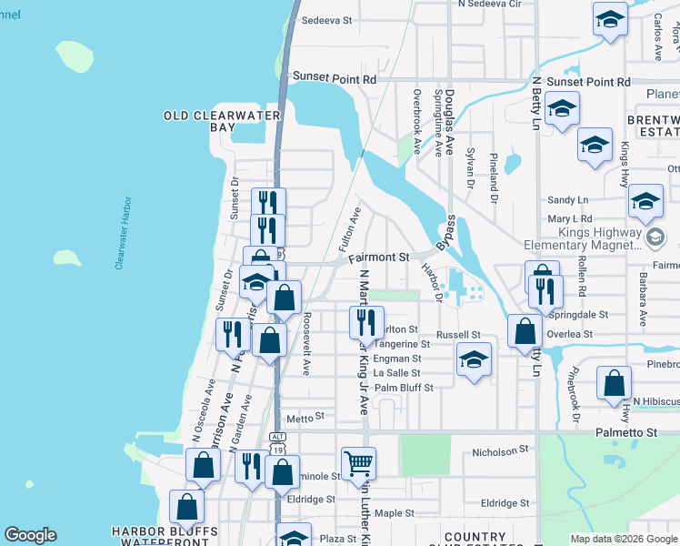 map of restaurants, bars, coffee shops, grocery stores, and more near 1625 Fulton Avenue in Clearwater
