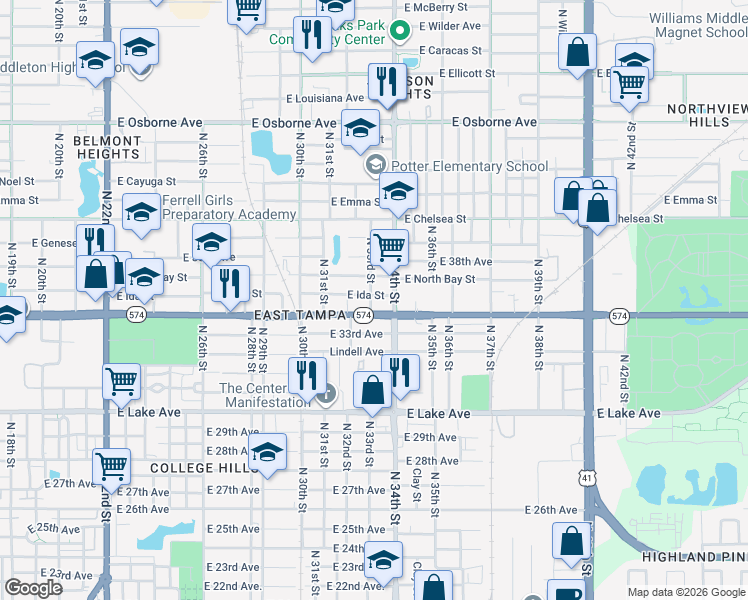 map of restaurants, bars, coffee shops, grocery stores, and more near 3301 East Ida Street in Tampa