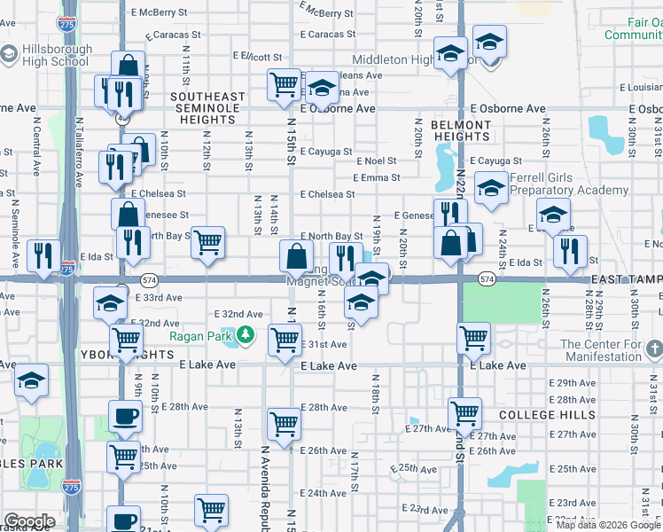 map of restaurants, bars, coffee shops, grocery stores, and more near 1605 East Ida Street in Tampa