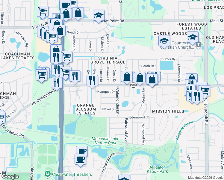 map of restaurants, bars, coffee shops, grocery stores, and more near 2777 Florida 590 in Clearwater