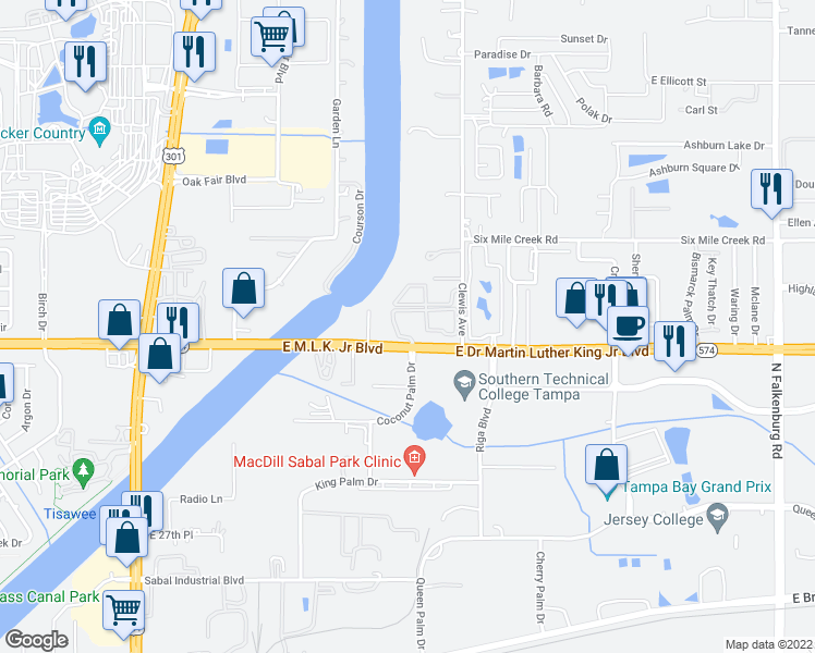 map of restaurants, bars, coffee shops, grocery stores, and more near 9221 Hilltop Meadow Loop in Tampa
