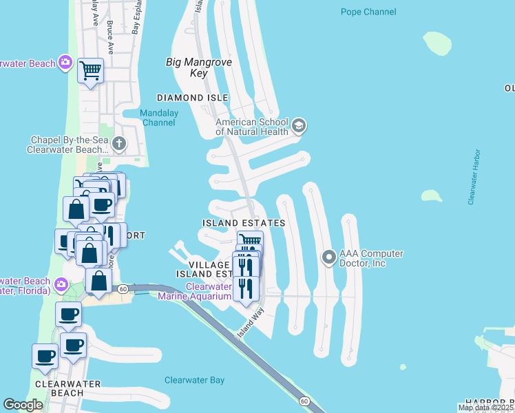 map of restaurants, bars, coffee shops, grocery stores, and more near 425 Island Way in Clearwater