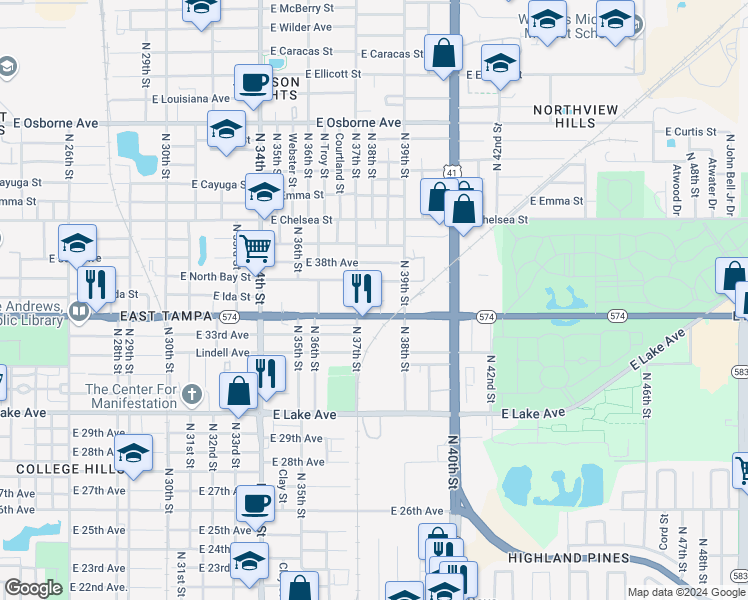 map of restaurants, bars, coffee shops, grocery stores, and more near 3709 East Ida Street in Tampa