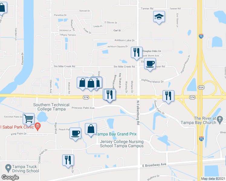 map of restaurants, bars, coffee shops, grocery stores, and more near 4122 Key Thatch Drive in Tampa