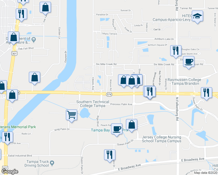 map of restaurants, bars, coffee shops, grocery stores, and more near 4012 Watson Road in Tampa