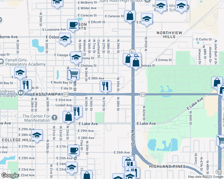 map of restaurants, bars, coffee shops, grocery stores, and more near 3711 East North Bay Street in Tampa