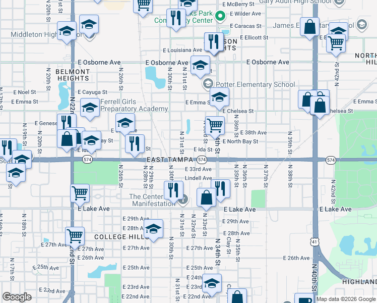 map of restaurants, bars, coffee shops, grocery stores, and more near 3108 East Ida Street in Tampa