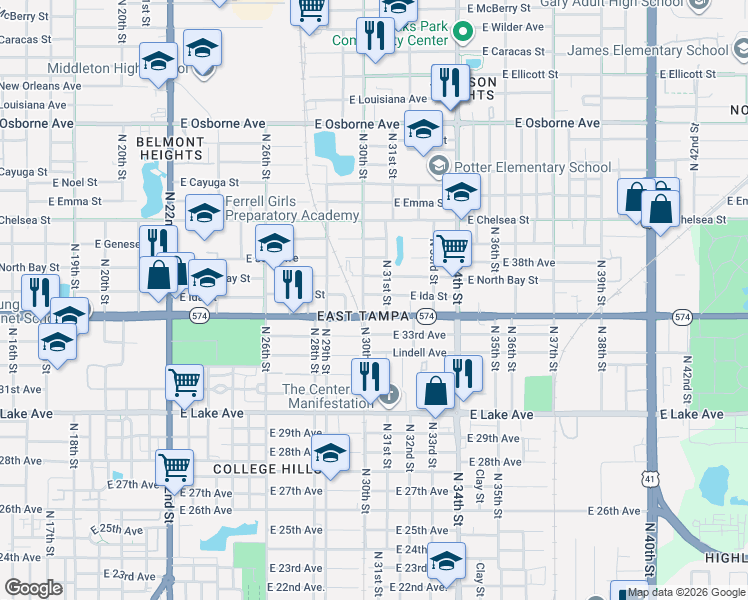 map of restaurants, bars, coffee shops, grocery stores, and more near 4102 North 30th Street in Tampa