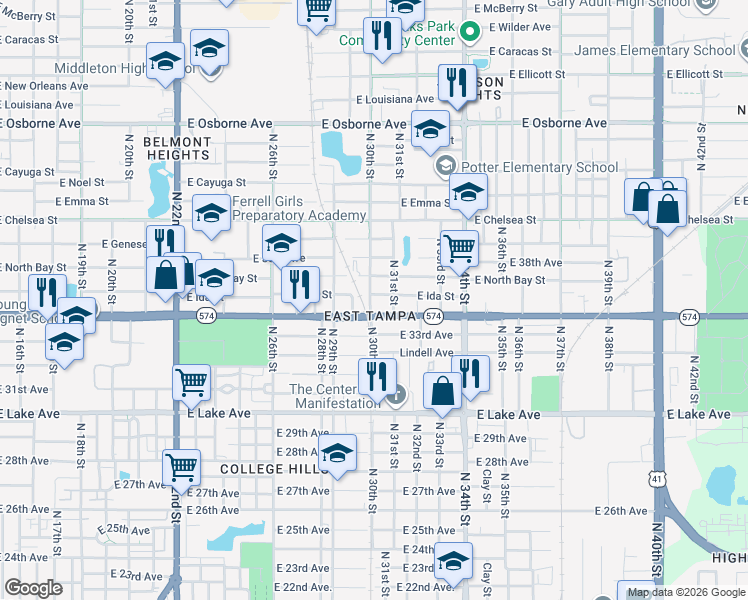 map of restaurants, bars, coffee shops, grocery stores, and more near 4102 North 30th Street in Tampa
