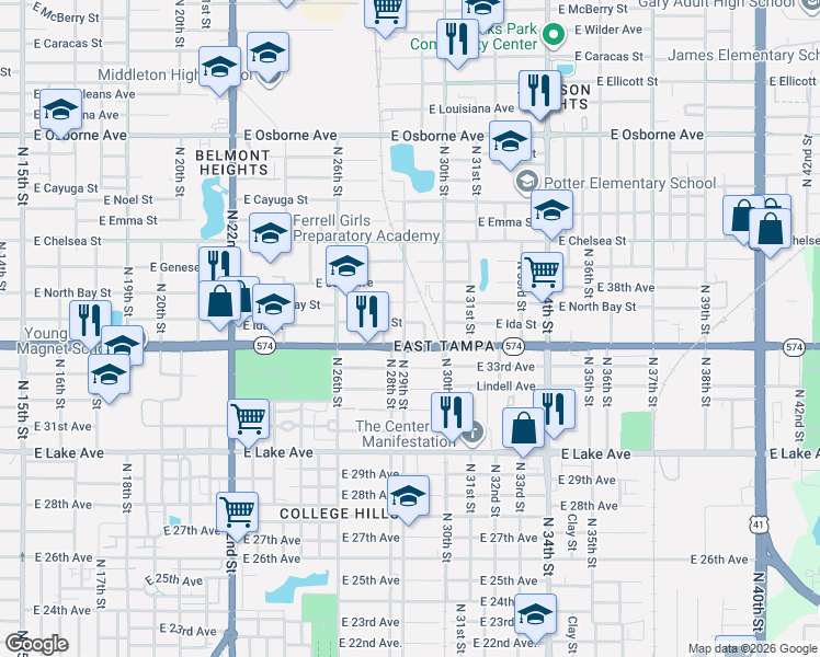 map of restaurants, bars, coffee shops, grocery stores, and more near 4101 North 29th Street in Tampa