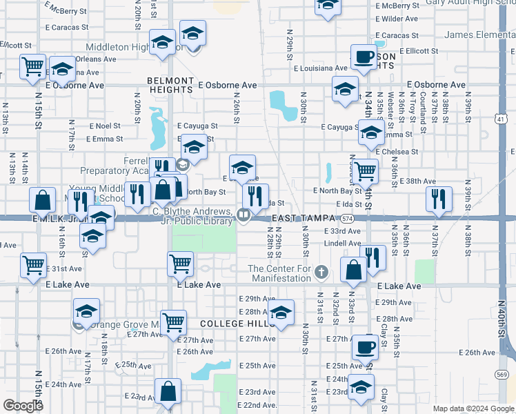 map of restaurants, bars, coffee shops, grocery stores, and more near 4207 North 26th Street in Tampa