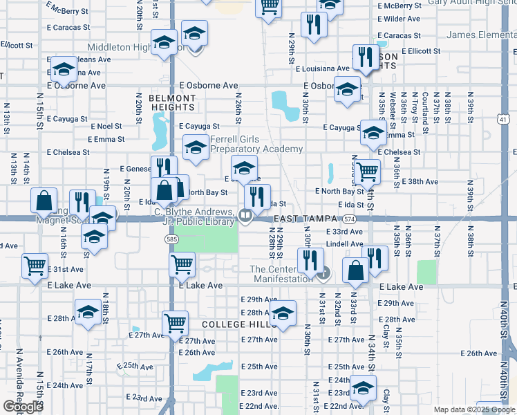 map of restaurants, bars, coffee shops, grocery stores, and more near 4207 North 26th Street in Tampa