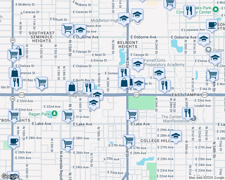 map of restaurants, bars, coffee shops, grocery stores, and more near 2006 East Ida Street in Tampa