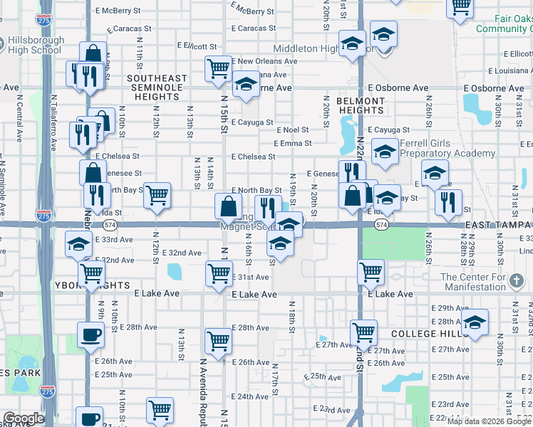 map of restaurants, bars, coffee shops, grocery stores, and more near 1704 East Ida Street in Tampa