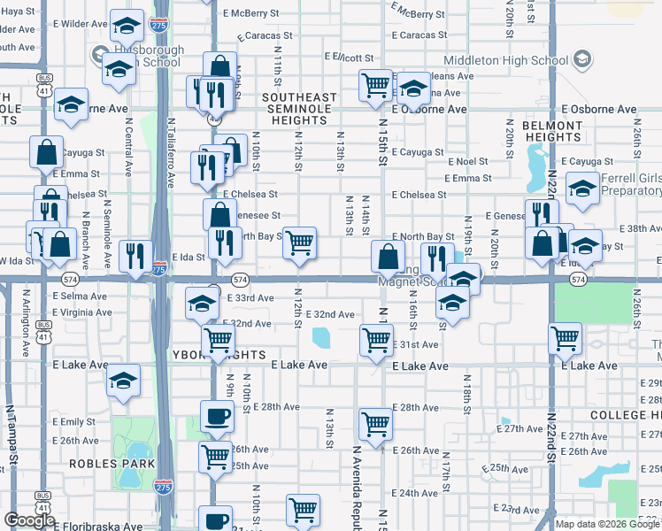 map of restaurants, bars, coffee shops, grocery stores, and more near 1210 East Ida Street in Tampa