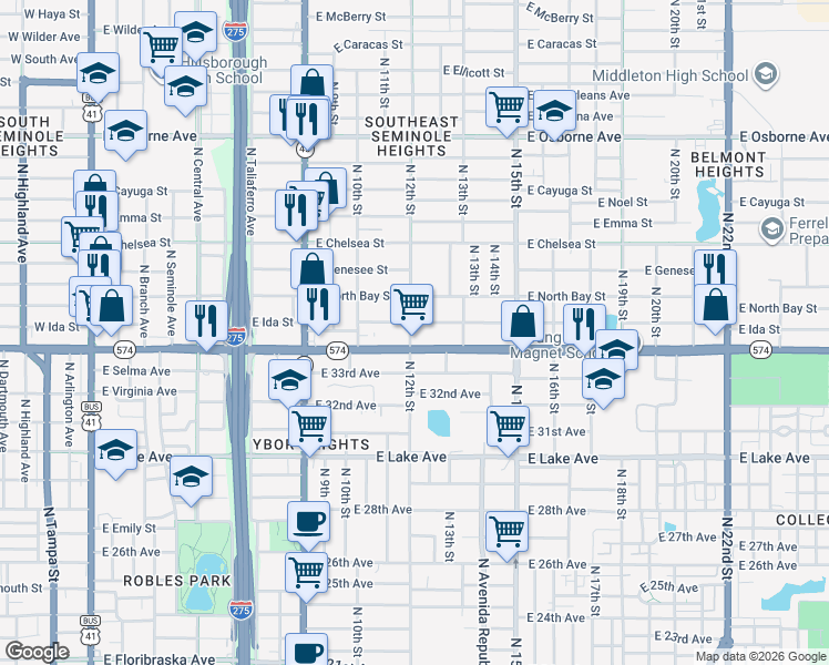 map of restaurants, bars, coffee shops, grocery stores, and more near 1120 East Ida Street in Tampa