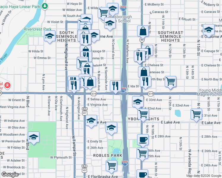 map of restaurants, bars, coffee shops, grocery stores, and more near 4011 North Central Avenue in Tampa
