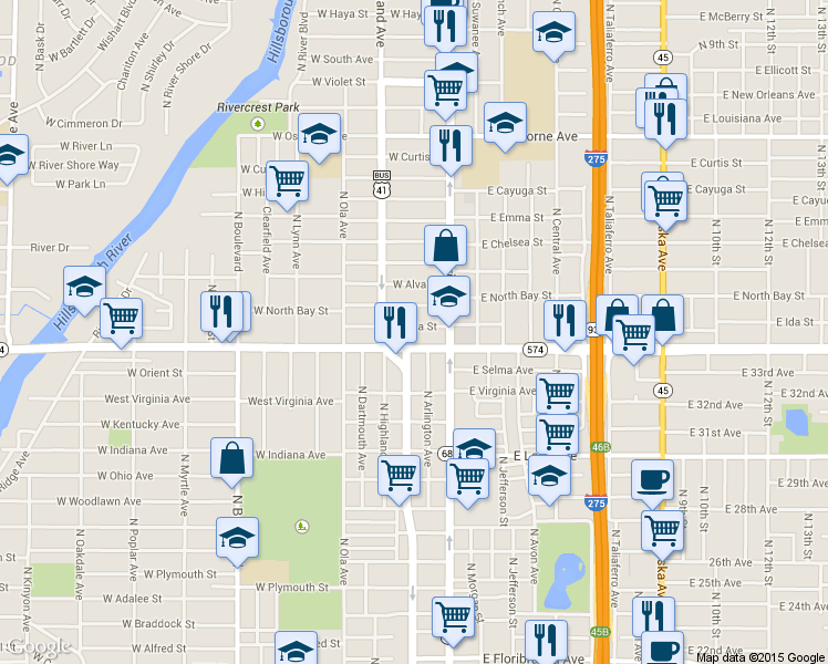 map of restaurants, bars, coffee shops, grocery stores, and more near 115 West Ida Street in Tampa