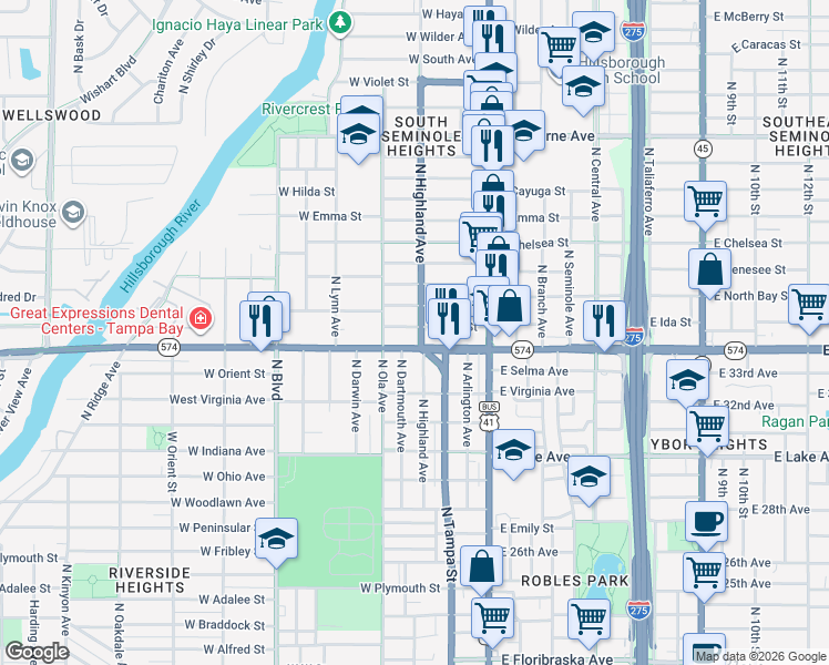 map of restaurants, bars, coffee shops, grocery stores, and more near 305 West Ida Street in Tampa