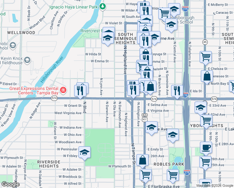map of restaurants, bars, coffee shops, grocery stores, and more near 305 West Ida Street in Tampa