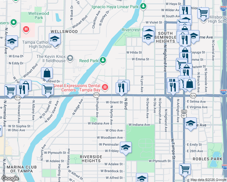 map of restaurants, bars, coffee shops, grocery stores, and more near in Tampa