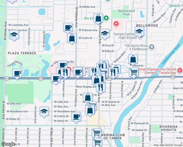 map of restaurants, bars, coffee shops, grocery stores, and more near 4414 North Tampania Avenue in Tampa