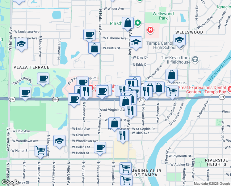 map of restaurants, bars, coffee shops, grocery stores, and more near 4414 North Tampania Avenue in Tampa