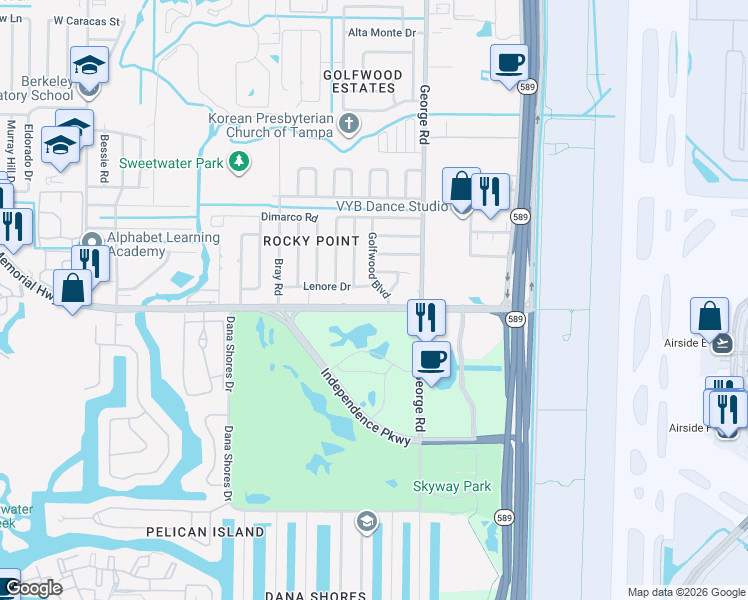 map of restaurants, bars, coffee shops, grocery stores, and more near 4406 Golfwood Boulevard in Tampa