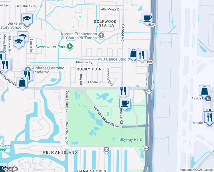 map of restaurants, bars, coffee shops, grocery stores, and more near 4406 Golfwood Boulevard in Tampa