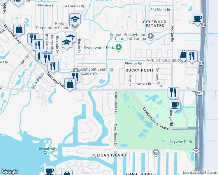 map of restaurants, bars, coffee shops, grocery stores, and more near 5431 Sweetwater Terrace Circle in Tampa