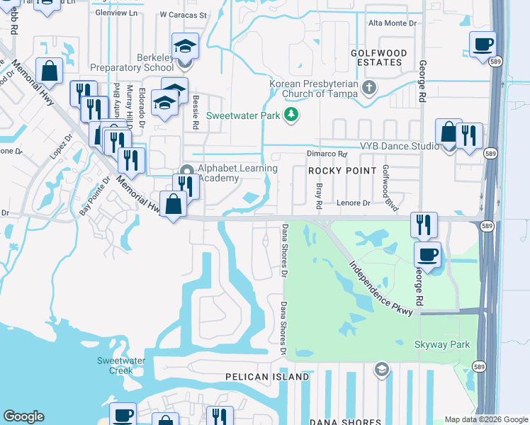 map of restaurants, bars, coffee shops, grocery stores, and more near 5431 Sweetwater Terrace Circle in Tampa