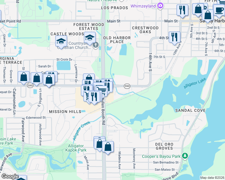 map of restaurants, bars, coffee shops, grocery stores, and more near 1710-1810 10th St S in Safety Harbor