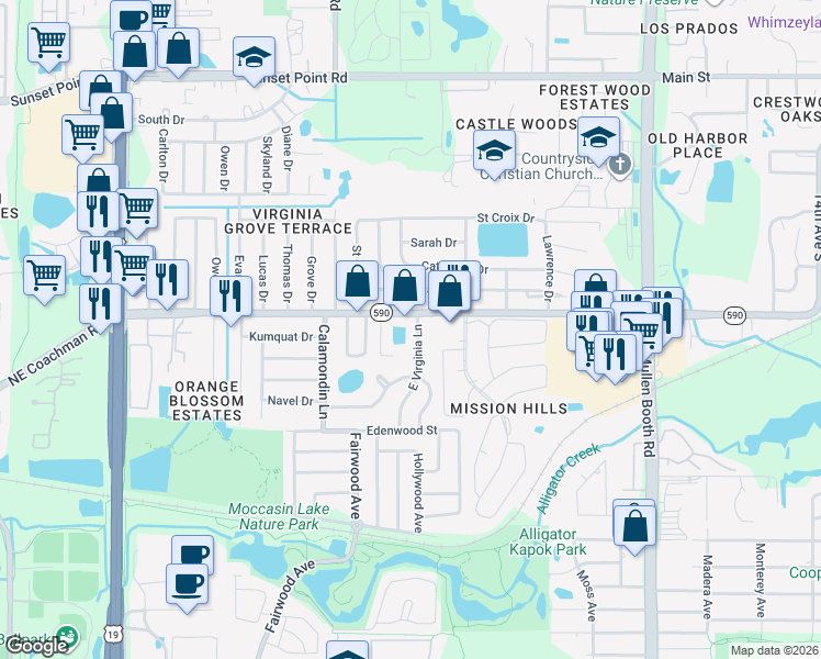 map of restaurants, bars, coffee shops, grocery stores, and more near 2841 Florida 590 in Clearwater