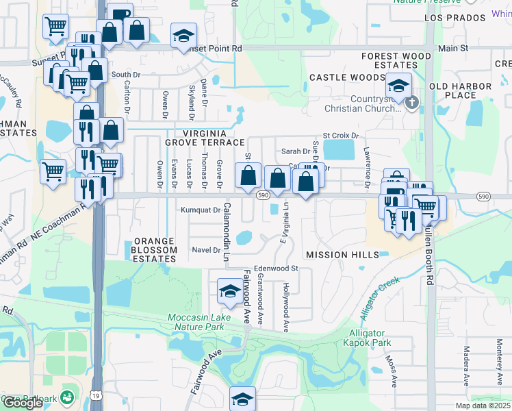 map of restaurants, bars, coffee shops, grocery stores, and more near 2813 Florida 590 in Clearwater