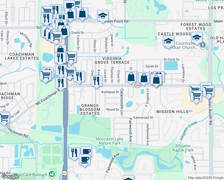 map of restaurants, bars, coffee shops, grocery stores, and more near 2741 Florida 590 in Clearwater