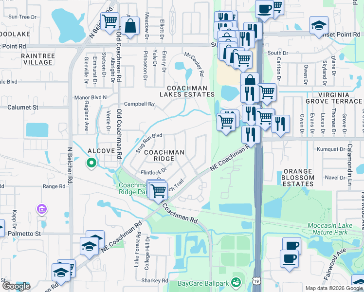 map of restaurants, bars, coffee shops, grocery stores, and more near 1681 Misty Plateau Trail in Clearwater