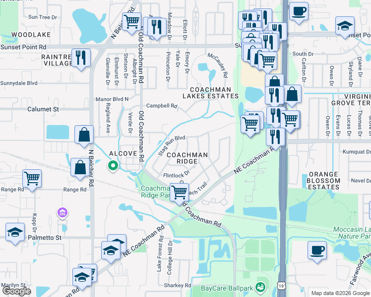 map of restaurants, bars, coffee shops, grocery stores, and more near 1687 Farrier Trail in Clearwater