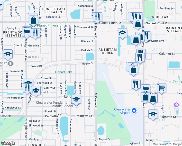map of restaurants, bars, coffee shops, grocery stores, and more near 1512 Leo Lane East in Clearwater
