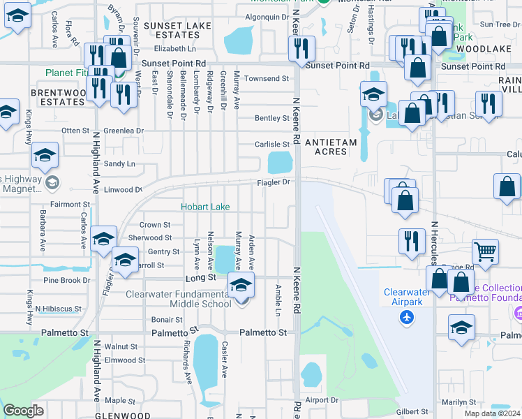 map of restaurants, bars, coffee shops, grocery stores, and more near 1507 Arden Avenue in Clearwater