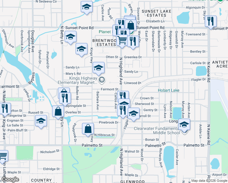 map of restaurants, bars, coffee shops, grocery stores, and more near 1484 Fairmont Street in Clearwater