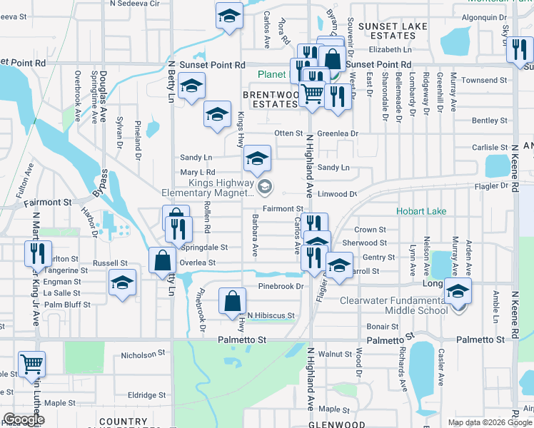 map of restaurants, bars, coffee shops, grocery stores, and more near 1450 Fairmont Street in Clearwater