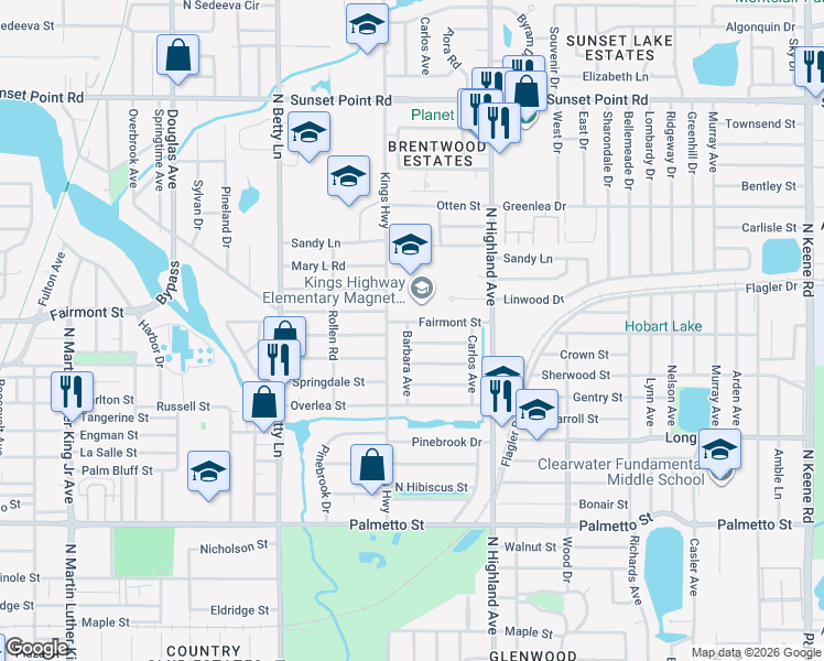 map of restaurants, bars, coffee shops, grocery stores, and more near 1408 Fairmont Street in Clearwater