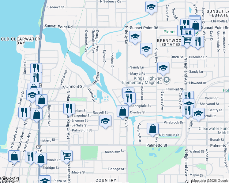 map of restaurants, bars, coffee shops, grocery stores, and more near 1220 Claire Drive in Clearwater