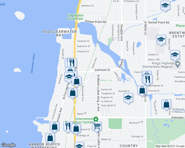 map of restaurants, bars, coffee shops, grocery stores, and more near 1011 Fairmont Street in Clearwater