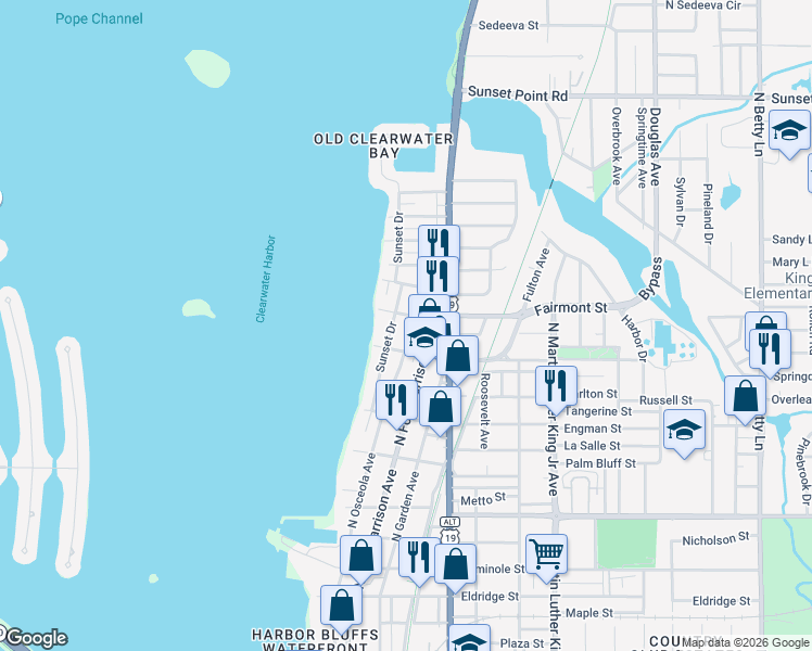 map of restaurants, bars, coffee shops, grocery stores, and more near 1701 North Osceola Avenue in Clearwater