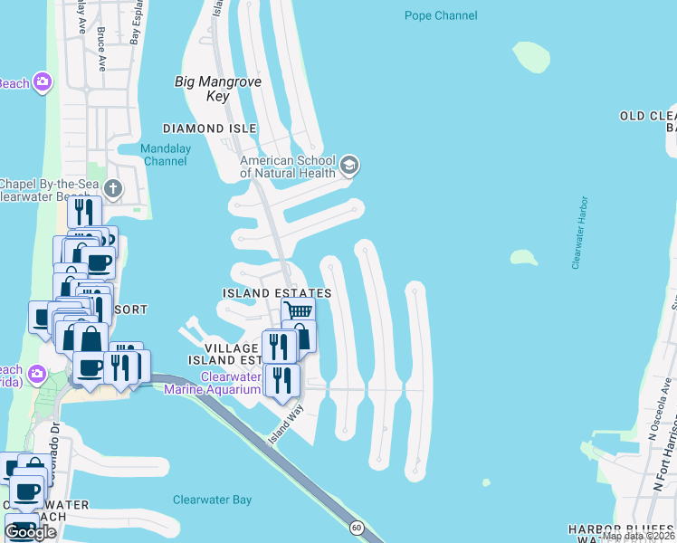 map of restaurants, bars, coffee shops, grocery stores, and more near 437 Leeward Island in Clearwater