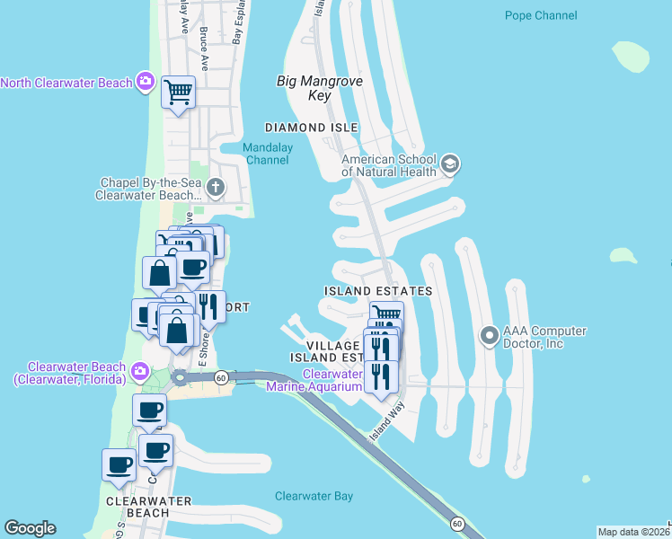 map of restaurants, bars, coffee shops, grocery stores, and more near 220 Skiff Point in Clearwater