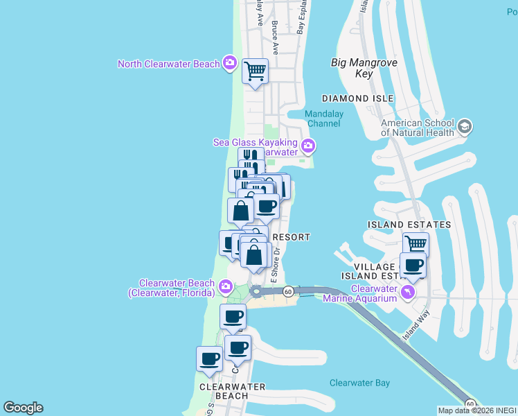 map of restaurants, bars, coffee shops, grocery stores, and more near 500 Mandalay Avenue in Clearwater