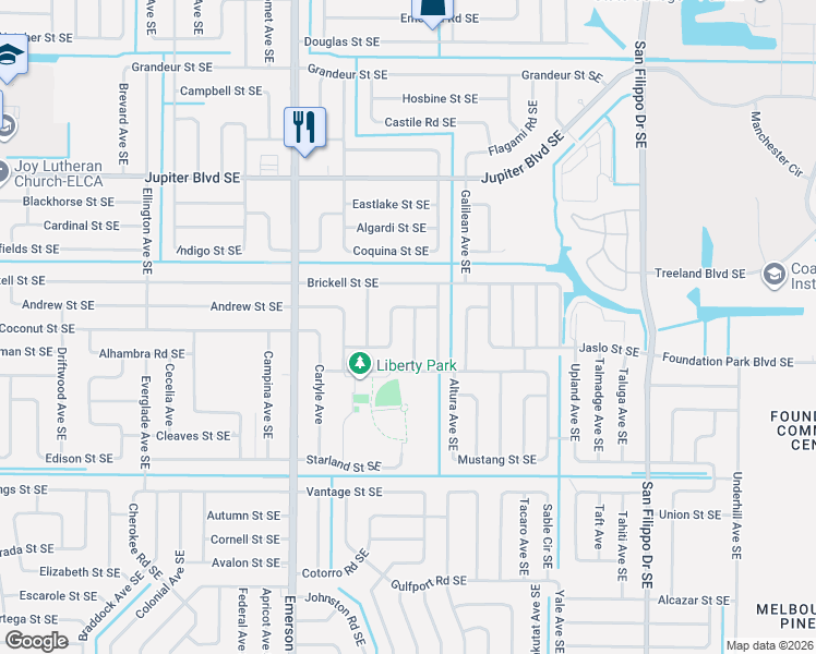 map of restaurants, bars, coffee shops, grocery stores, and more near 978 Armstrong Road Southeast in Palm Bay