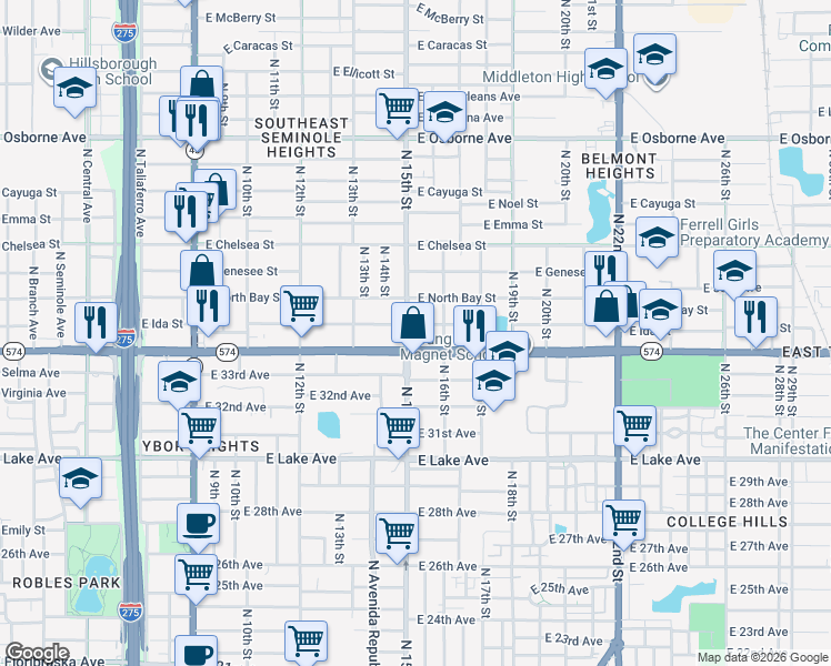 map of restaurants, bars, coffee shops, grocery stores, and more near 4102 North 15th Street in Tampa